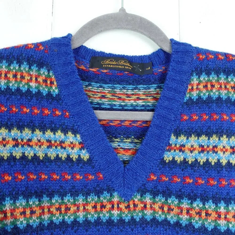 Brooks Brothers Sweater Mens SZ L‎ Wool Fair Ilse Nordic V Neck Preppy Cozy
